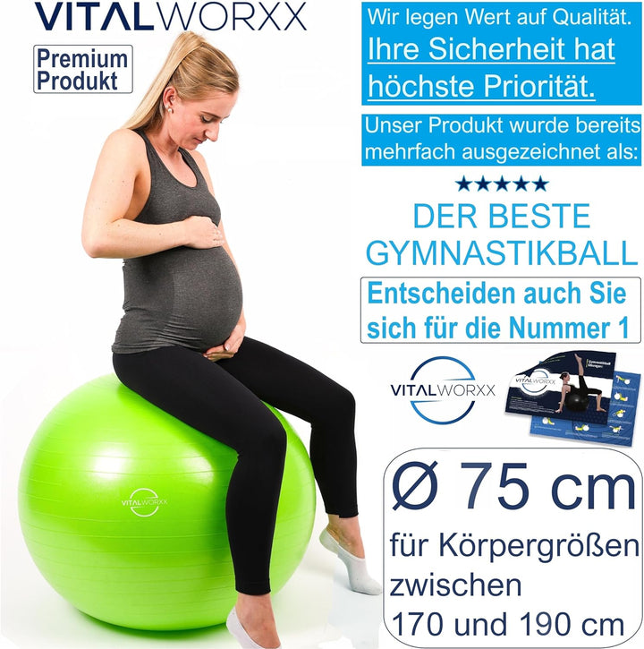 VITALWORXX Gymnastikball für Schwangere, extrem stabil, Sitzball Yogaball Pezziball mit Pumpe, mit Ü