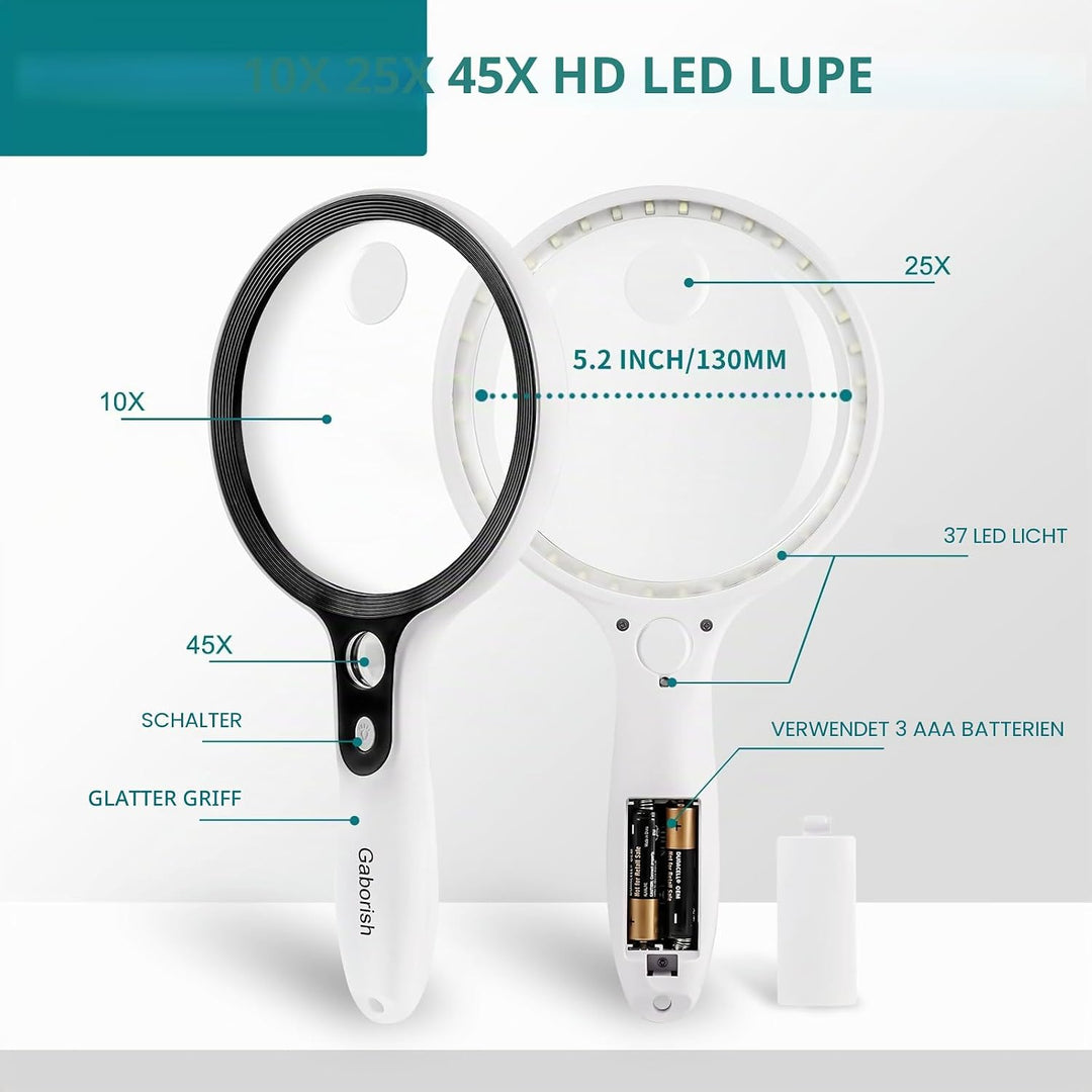 Grosse Lupe mit 37 LED-Licht und Aufbewahrungskoffer, 10X 20X 45X Leselupe Handlupe mit 3 Lichtmodi,