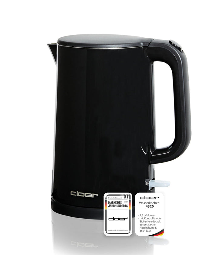 Cloer 4320 Wasserkocher 1,5L,1500W, Edelstahlbehälter & Deckel, automatische Abschaltung, Überhitzun