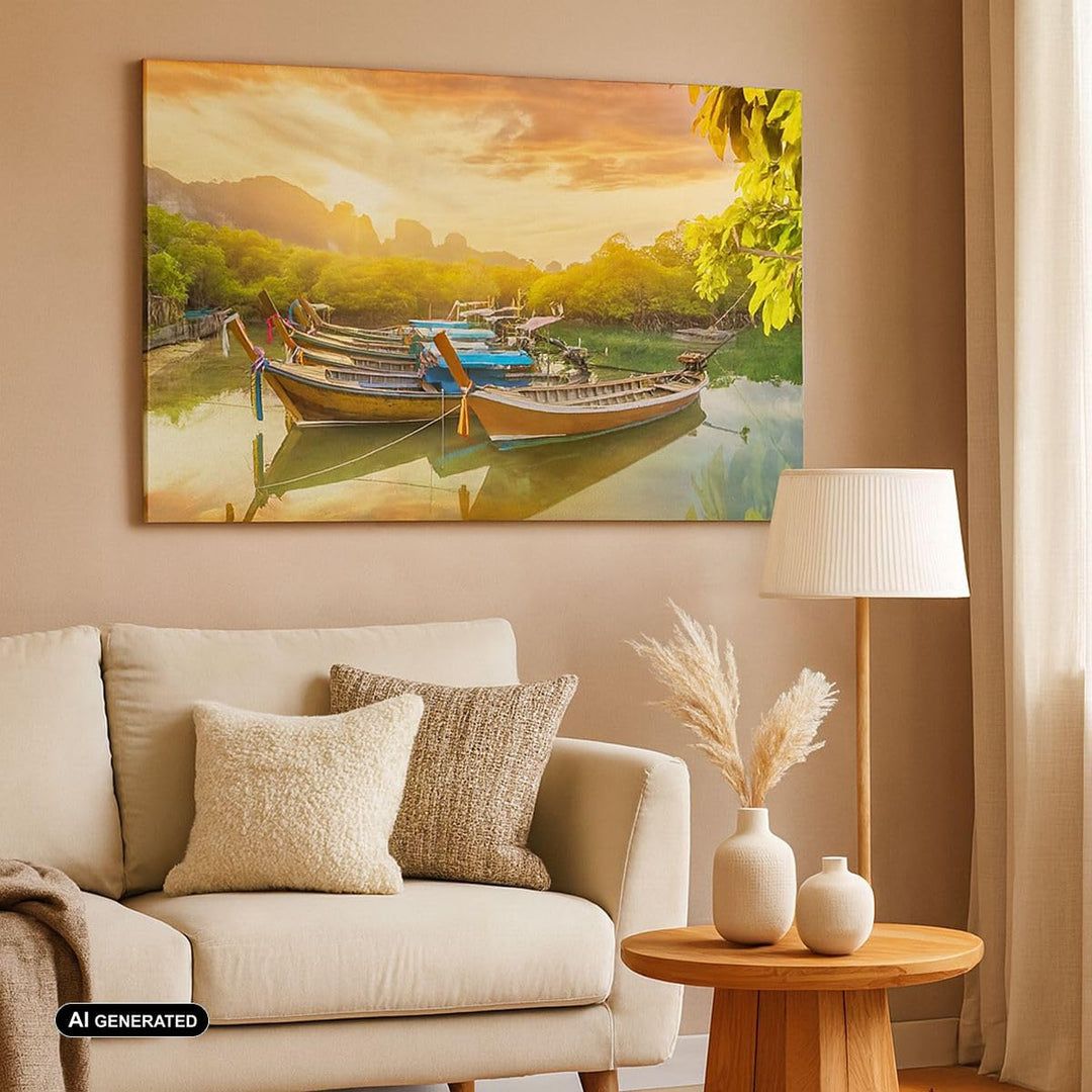 Bilder auf Leinwand Berge Boot Wasser Leinwandbild mit Rahmen 70x50cm Wandbilder Dekoration Wohnzimm