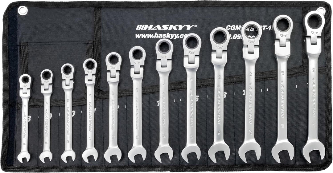 Haskyy 12-Tlg Gelenk-Ratschenschlüssel Satz I Set 8-19 mm I Gabelschlüssel Ratsche