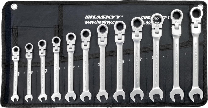 Haskyy 12-Tlg Gelenk-Ratschenschlüssel Satz I Set 8-19 mm I Gabelschlüssel Ratsche
