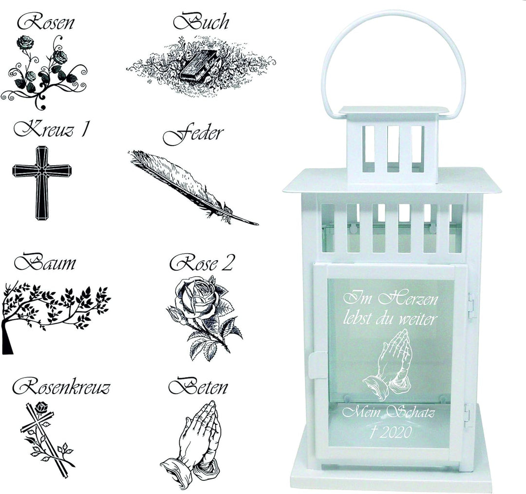 Trauer-Laterne Metall weiss Mod. 4 mit ind. Text und Motiv 28x15,5x15,5 cm Grablaterne Grablicht, We