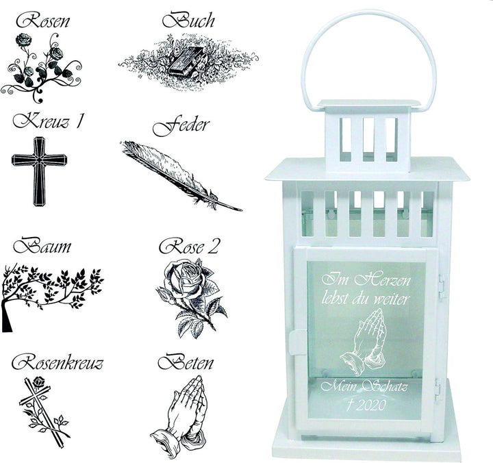 Trauer-Laterne Metall weiss Mod. 4 mit ind. Text und Motiv 28x15,5x15,5 cm Grablaterne Grablicht, We