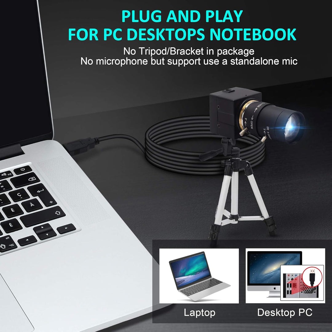 ELP 4K Webcam,2160P Zoom Web Kamera mit 5-50mm Manuell Objektiv,Variable Fokus Ultra HD Kamera,Plug