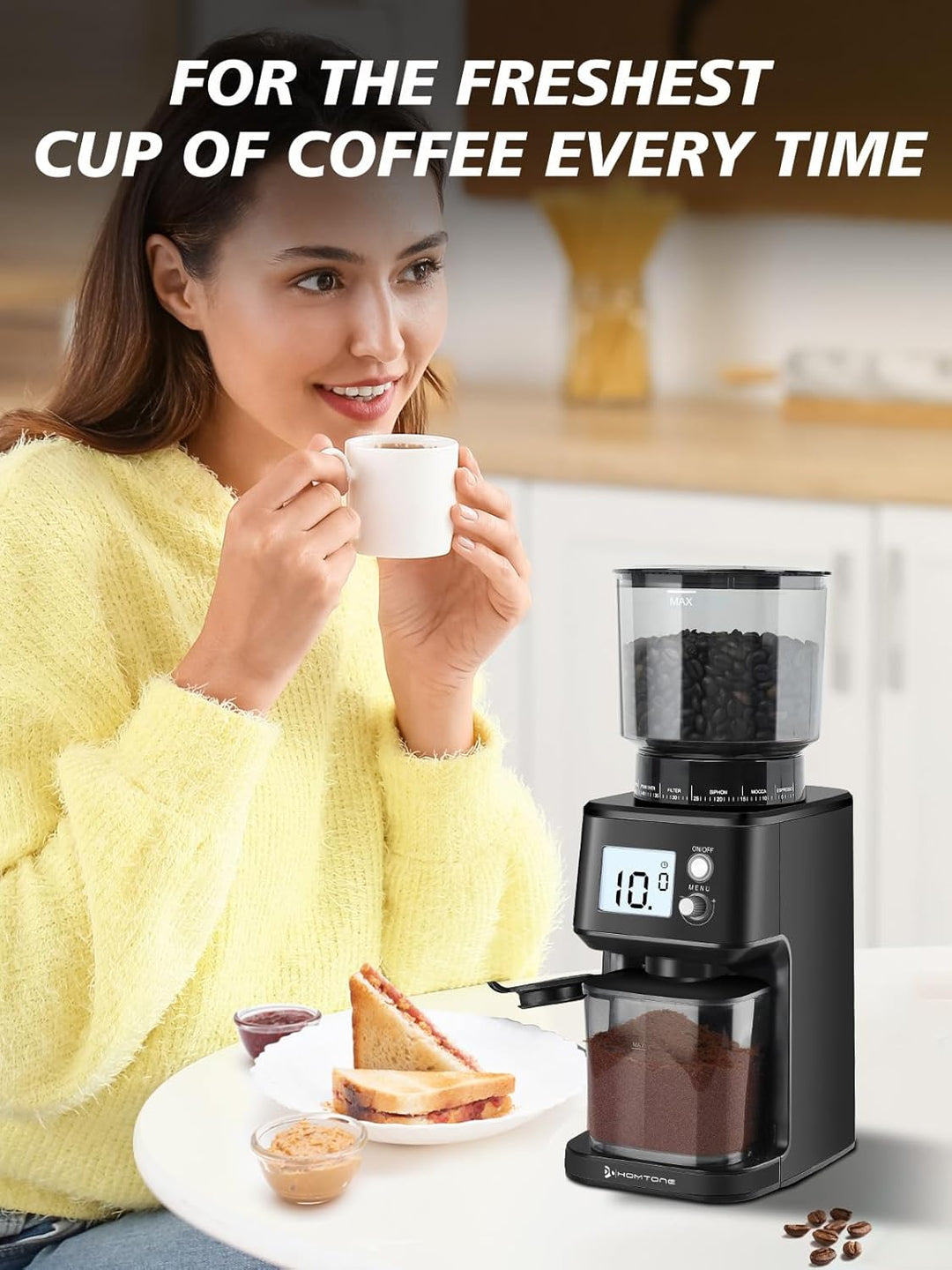 Homtone Elektrische Kaffeemühle für Siebträger, 51 einstellbare Mahlgrade, Kaffeemühle mit Grossem D