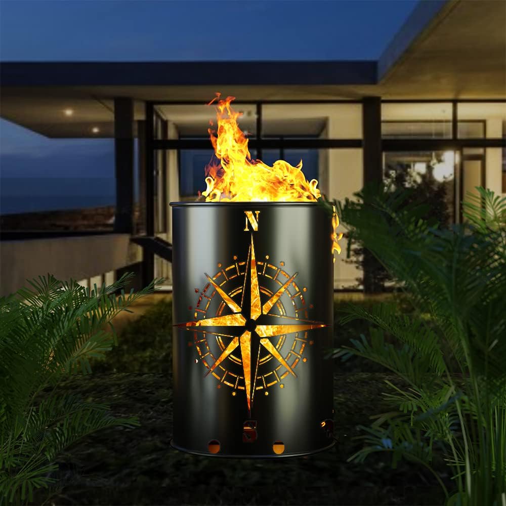 Feuertonne mit Kompass Motiv - Gefertigt aus neuem Ölfass - Besondere Feuerstelle für Garten und Ter