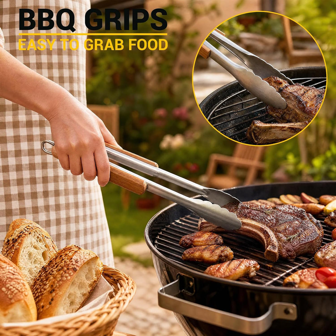 Grillbesteck Set 4-teilig Edelstahl Holzgriff Zange Wender Gabel Bürste | Grillbesteck mit Akazienho