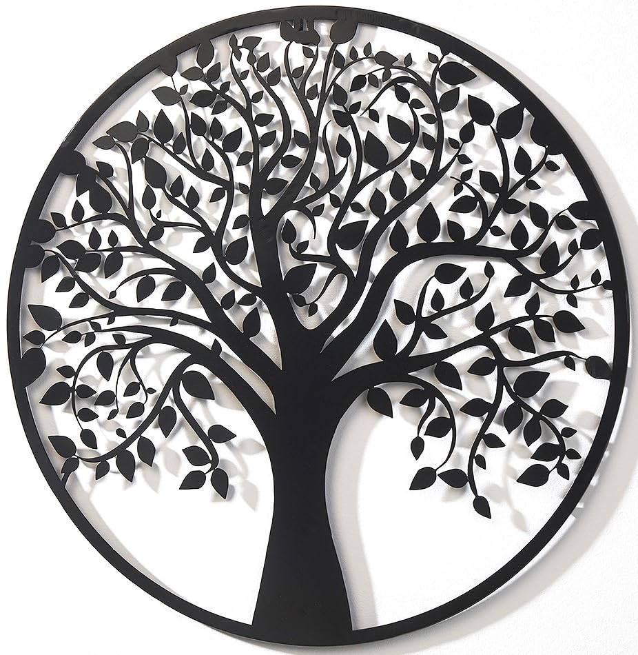 Kobolo Wandbild Wanddeko Metallbild - LIVING - Metall rund schwarz - Lebensbaum Baum - 60cm