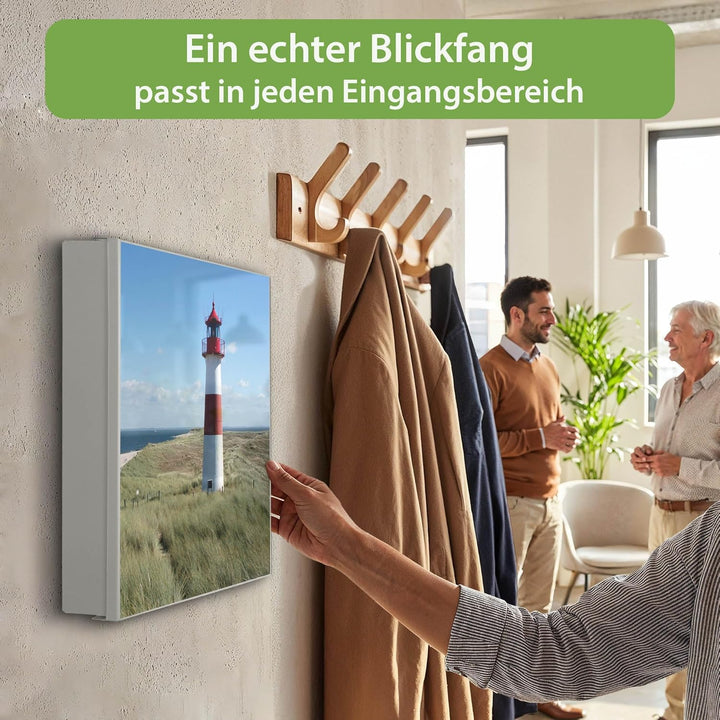 banjado® Grosser Schlüsselkasten Glas/Schlüsselbox 30cm x 30cm mit 50 Haken - Motiv Leuchtturm/Schlü