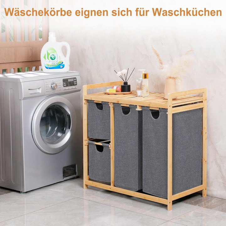 iEGrow Wäschekorb 4 Fächer 150L, Wäschesammler 4 Fächer, Bambus Wäschewagen mit Ablage für Schmutzwä