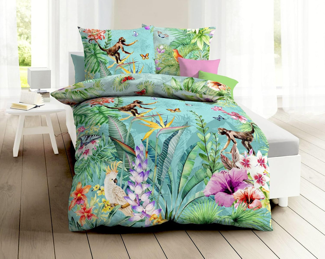 Kaeppel Mako Satin Digitaldruck Bettwäsche 2 TLG. Äffchen Dschungel Kakadu Schmetterling Bunt Urwald