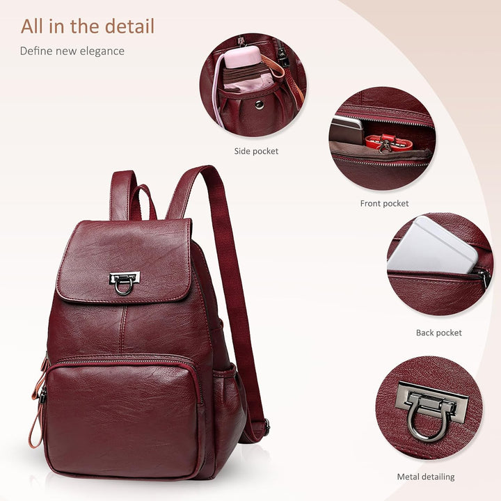 NICOLE & DORIS Damen Lederrucksack Lässiger Damenrucksack für Damen Rucksackbeutel für Damen Weinrot