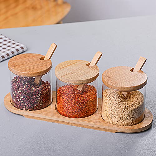 Gewürzbehälter 3er Set,300ml Gewürzgläser mit Löffel, Bambusdeckel und Base,Gewürzständer Glasgewürz