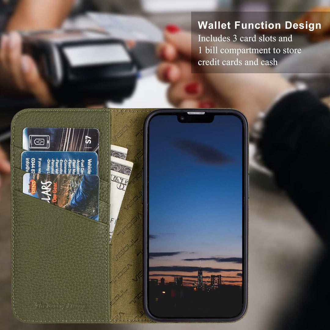 VISOUL iPhone 14 Hülle, Handyhülle iPhone 14[100% Echtleder] [3 Kartenfächer] [Verdichtes TPU] [Magn