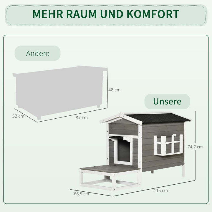 PawHut Katzenhaus aus Holz Winterfest wasserdicht Katzenhütte mit Asphaltdach Terrasse Katzenhöhle K