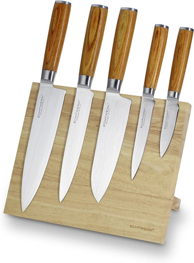 Echtwerk Damastmesser Set 6 Teilig, Holz, Silber, 21,5 x 12,5 x 35,7 cm, 6-Einheiten(5 Messer + Mess