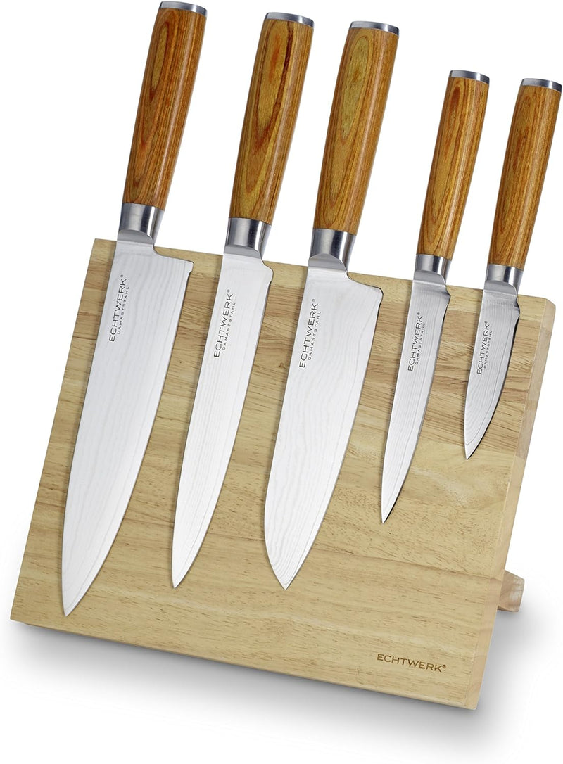 Echtwerk Damastmesser Set 6 Teilig, Holz, Silber, 21,5 x 12,5 x 35,7 cm, 6-Einheiten(5 Messer + Mess