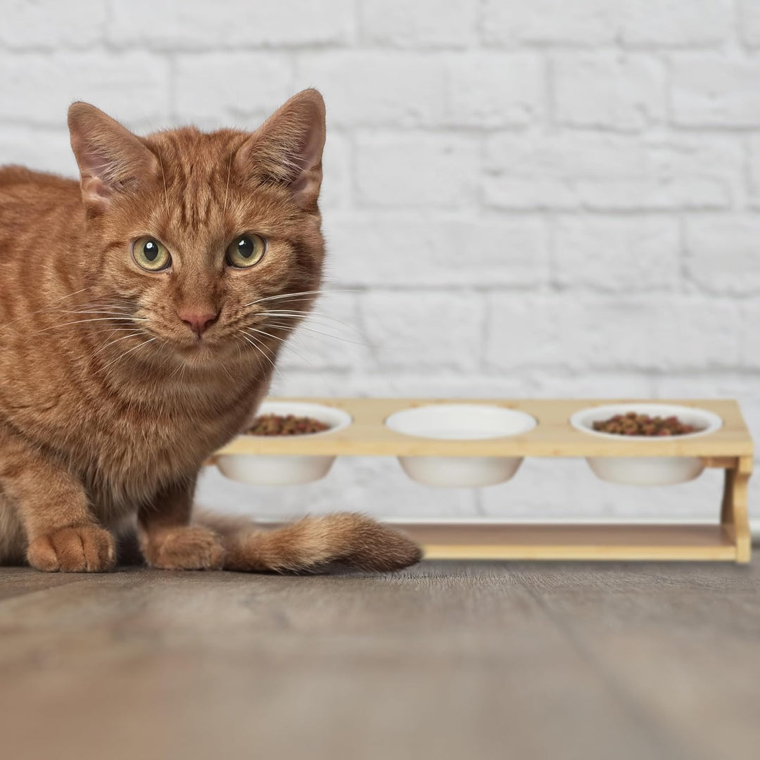 Relaxdays Katzen Futterstation, 3 Näpfe, je 400 ml, aus Bambus &amp; Keramik, Napfständer, spülmaschinen