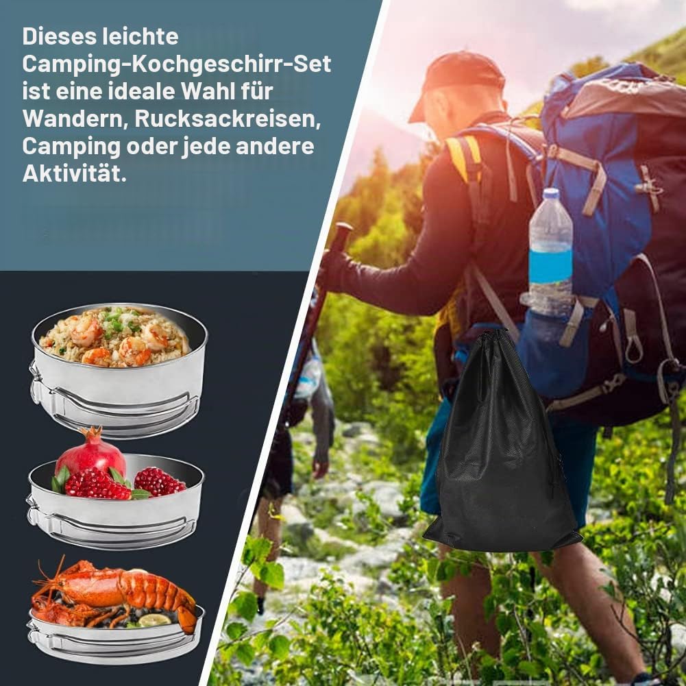 QINERSAW 4er Set Edelstahl Camping Kochgeschirr Outdoor Topf Camping Kochtopf Outdoor Topfset Campin