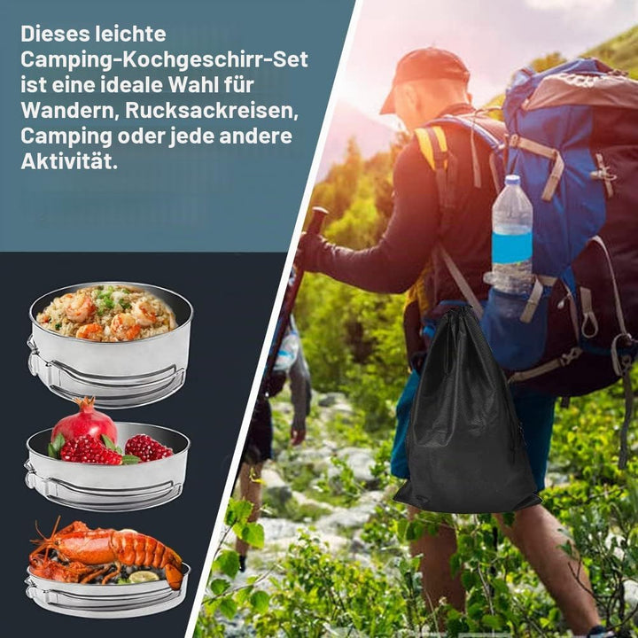 QINERSAW 4er Set Edelstahl Camping Kochgeschirr Outdoor Topf Camping Kochtopf Outdoor Topfset Campin