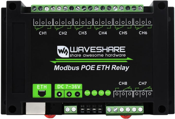 Waveshare 8-Ch Ethernet Relay Module, Modbus RTU/Modbus TCP Protocol, PoE Port Communication, with V