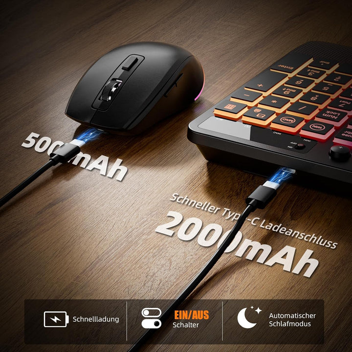 Hamile Tastatur Maus Set kabellos Beleuchtete mit Telefonhalter, 2,4 GHz USB-A/C wiederaufladbar Tas