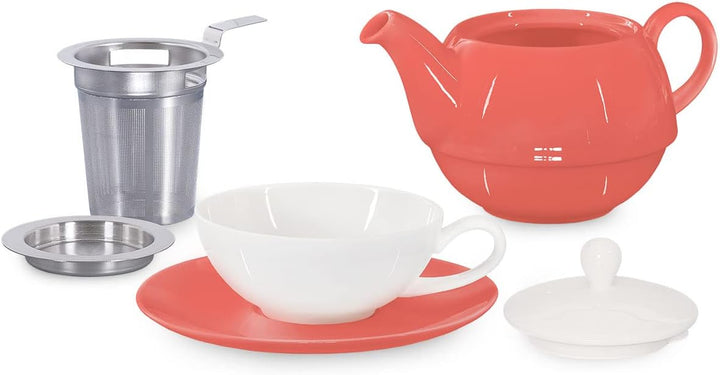 Tea for One mit Sieb Lena 500ml aus Crystal Bone China Porzellan in coralrot. Teekanne + Teetasse +