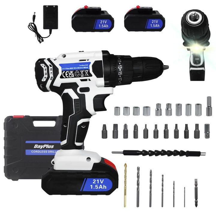21V Akku-Bohrschrauber Akkubohrer Akkuschrauber Set mit 2×1,5Ah Akkus, LED Arbeitslicht, 2-Gang, 45N