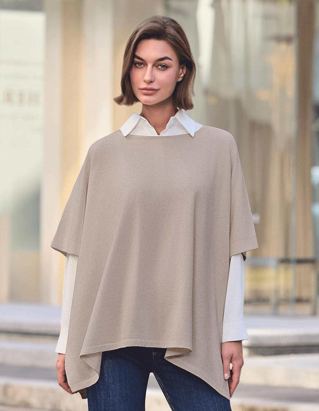 PULI Damen Pullover Poncho Elegant Viskose Strick Locker sitzend Poncho Schal Einheitsgrösse Haferfl