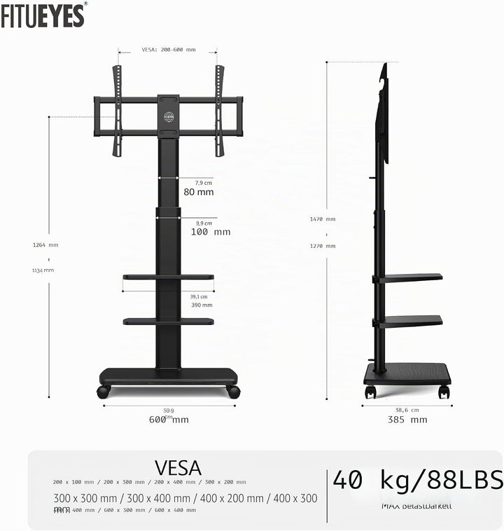 FITUEYES TV Bodenständer Rollbar mit 3 Ablagen TV Standfuss TV Ständer Fernsehstand mit Rollen höhen