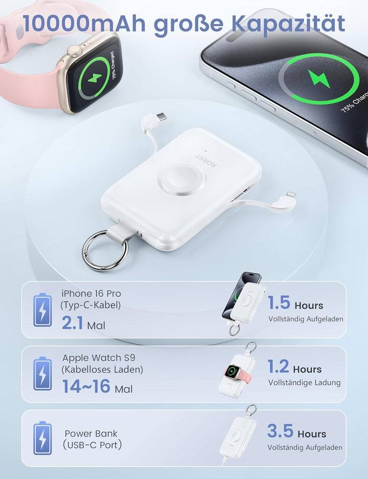 RORRY Power Bank, 10000mAh Powerbank Schnellladefunktion PD 20W mit Integriertem Kabel, Reise Portab