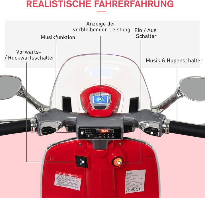 HOMCOM Elektro Kindermotorrad Elektromotorrad mit MP3, Musik, Scheinwerfer, Vor- und Rückwärtsgang,