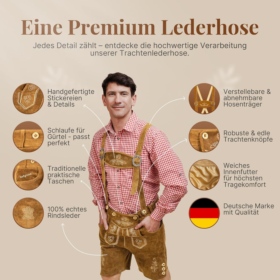 HOFGLANZ® Trachten Lederhose Herren Kurz - Hochwertige Trachtenhose für Herren mit Hosenträgern - Tr