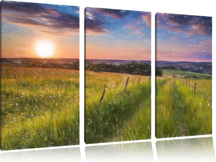 Pixxprint Bergwiese im Sonnenaufgang als Leinwandbild/Grösse: 3 Teilig (120x80) cm/Wandbild/Kunstdru