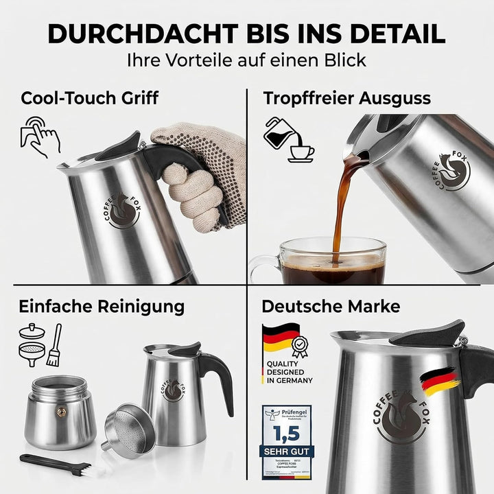 Coffee Fox® Espressokocher aus Edelstahl - Kaffeebereiter Kaffeekocher Espresso-Kanne (6 Tassen - 30