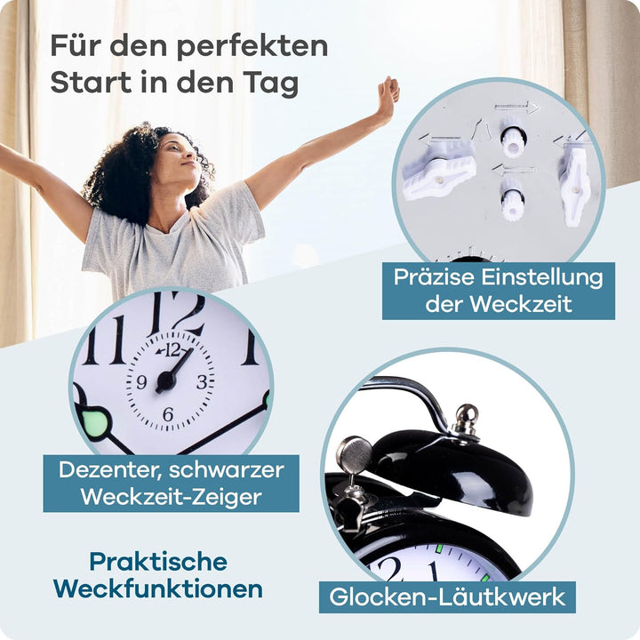 Mebus Mechanischer Aufzugswecker mit klassisches Glocken-Läutwerk, Leuchtzeigern – mehr Retro geht n