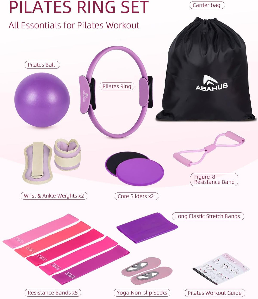 Abahub Pilates Ring Set, 35CM Magic Circle, 25CM Mini Ball,5er Set Fitnessbänder,Stretchbänder,Yoga