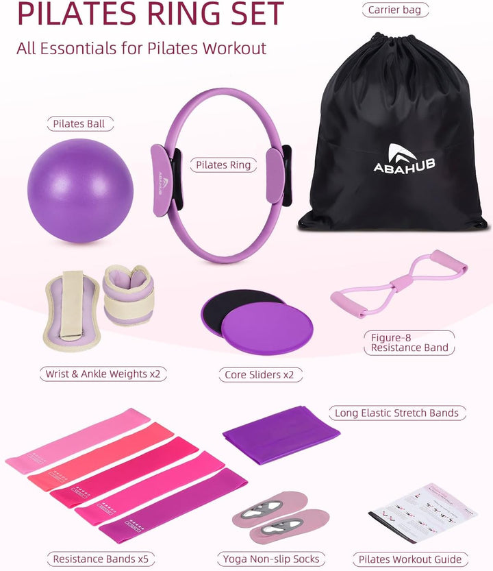 Abahub Pilates Ring Set, 35CM Magic Circle, 25CM Mini Ball,5er Set Fitnessbänder,Stretchbänder,Yoga