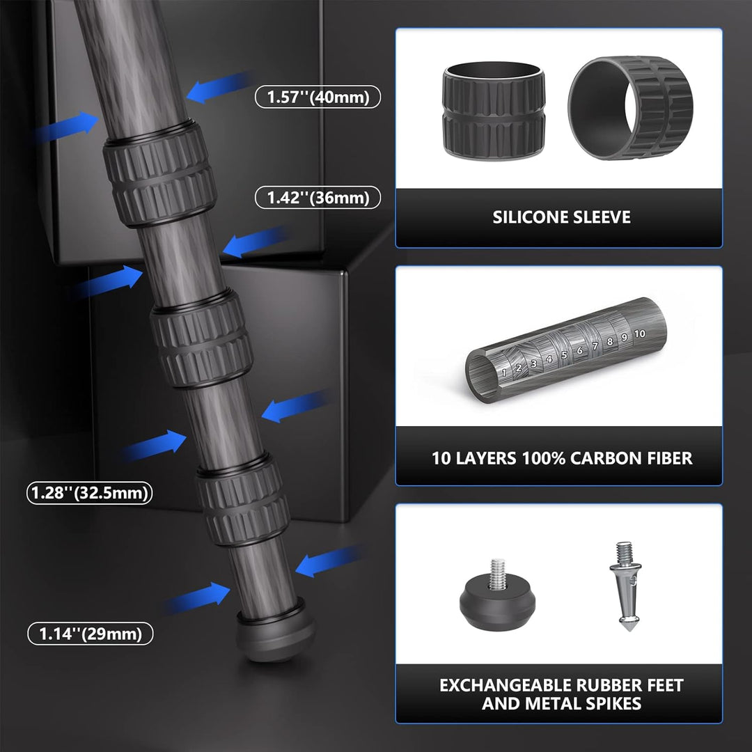 WEYLLAN Carbon Fiber Stativ 160cm, Heavy Duty Stativ Carbon Fiber Stativ Mit 40mm Bein, Carbon Stati