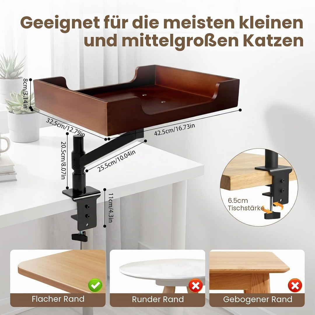 Katzen-Schreibtischbett mit Bambusfuss und Plüschbettwäsche.Stabile und robuste Klemme,höhenverstell