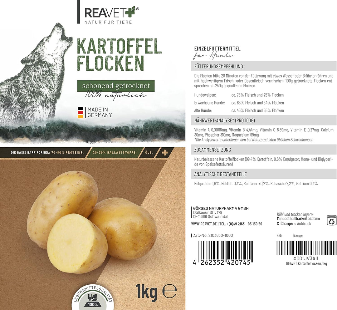 ReaVET Kartoffelflocken Hund 1kg, Kartoffelflocken Hunde, Gemüseflocken Hunde getreidefrei, Gemüsefl