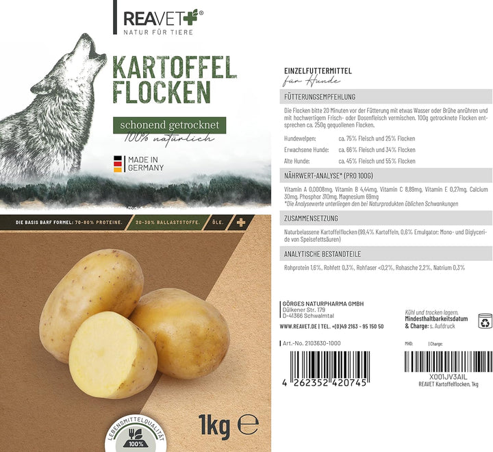 ReaVET Kartoffelflocken Hund 1kg, Kartoffelflocken Hunde, Gemüseflocken Hunde getreidefrei, Gemüsefl