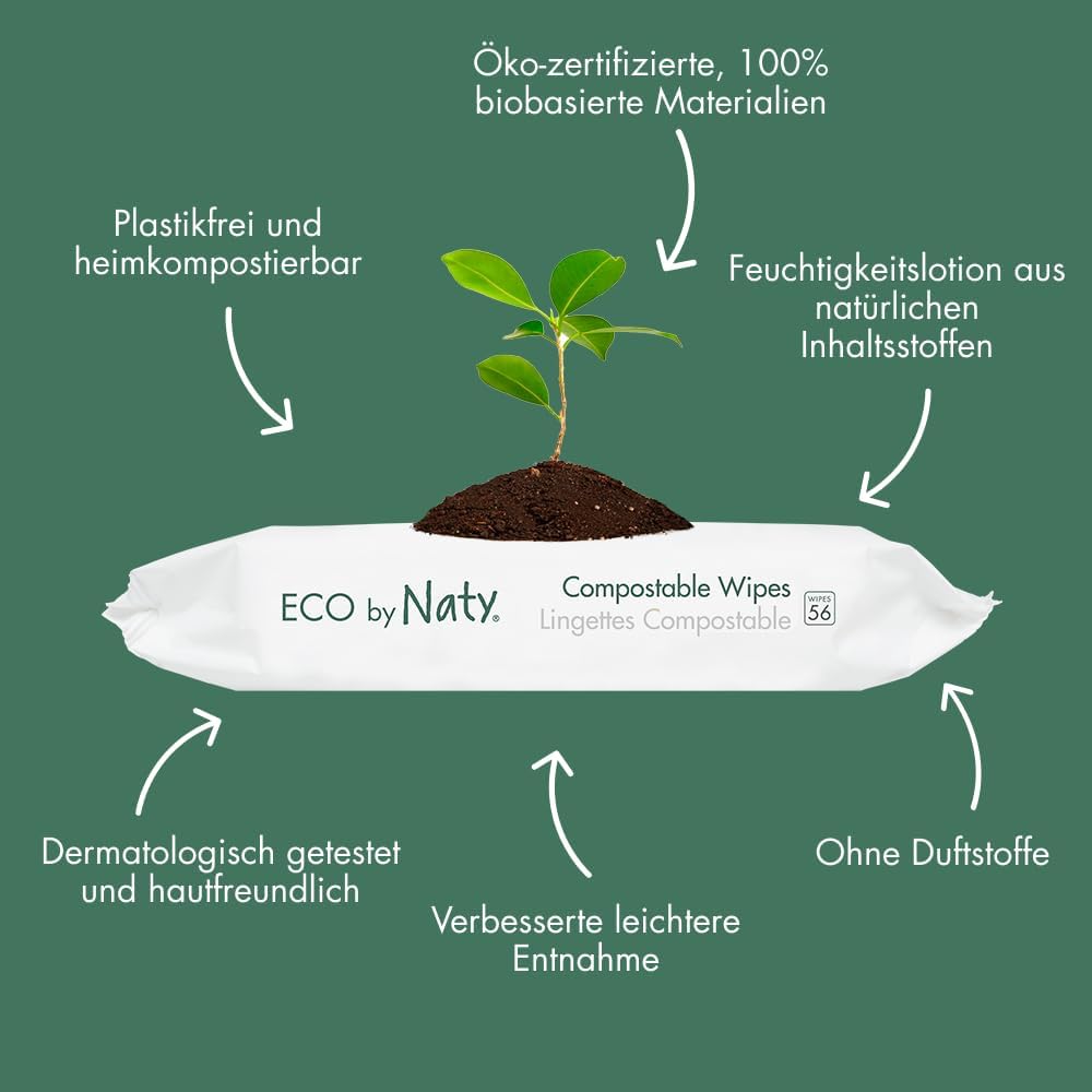 Eco by Naty Parfümfreie Aloe Vera Baby Feuchttücher - 100 % kompostierbare und pflanzliche Tücher, g