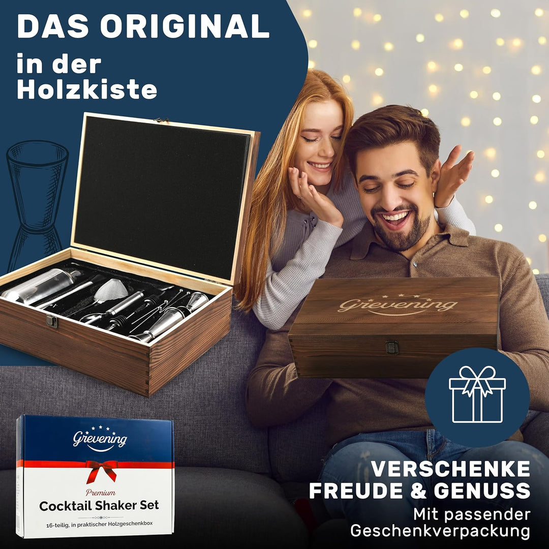 Grevening® Cocktail Shaker Set 16-teilig in praktischer und edler Holzkiste, tolle Geschenkverpackun