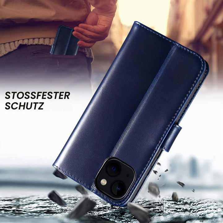 LENSUN Lederhülle für iPhone 13, Schutzhülle Echtleder Handyhülle [Wallet Fach][RFID Schutz][Echtes