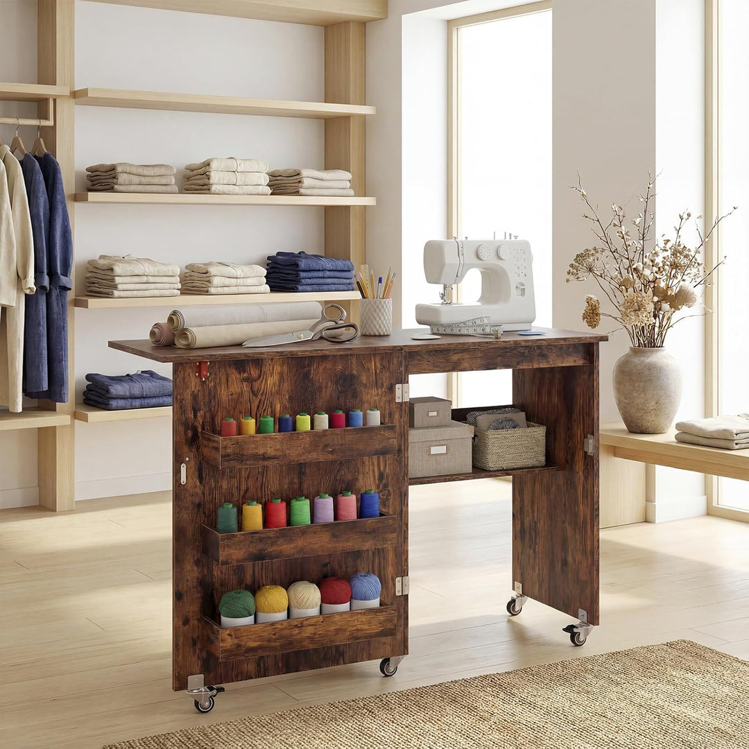 GIANTEX Nähtisch klappbar, Nähmaschinentisch auf Rollen, Nähtisch für Nähmaschine, Nähschrank Holz,