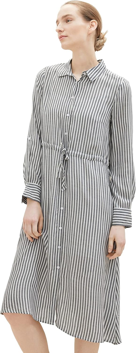 TOM TAILOR Damen 1037932 Kleid mit Streifen & Knopfleiste, 32595-navy White Dobby Stripe, 40
