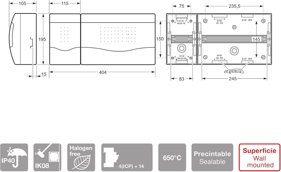 FAMATEL – Aufputzschrank Nuova | IP40 | ICP 32+14 Elemente | 195x404x100 | Lichtundurchlässige Tür
