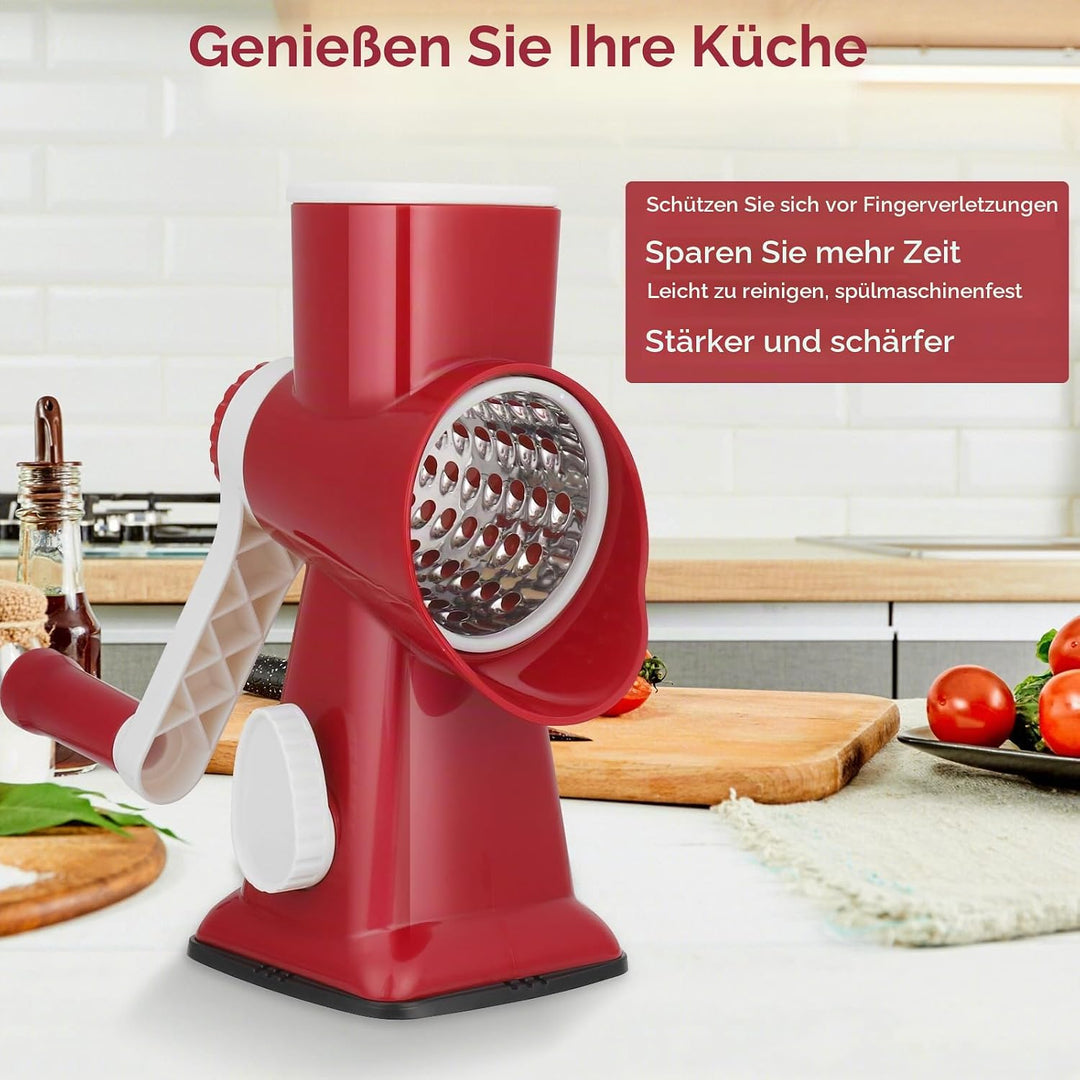 Dreamhigh Käsereibe mit Kurbel, Gemüseschneider 3 Edelstahl Austauschbaren Trommelklingen, Manuelle